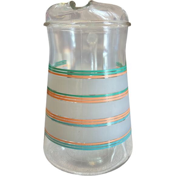 Vintage Striped Glass Pitcher Turquoise Peach Retro - Picture 2 of 8